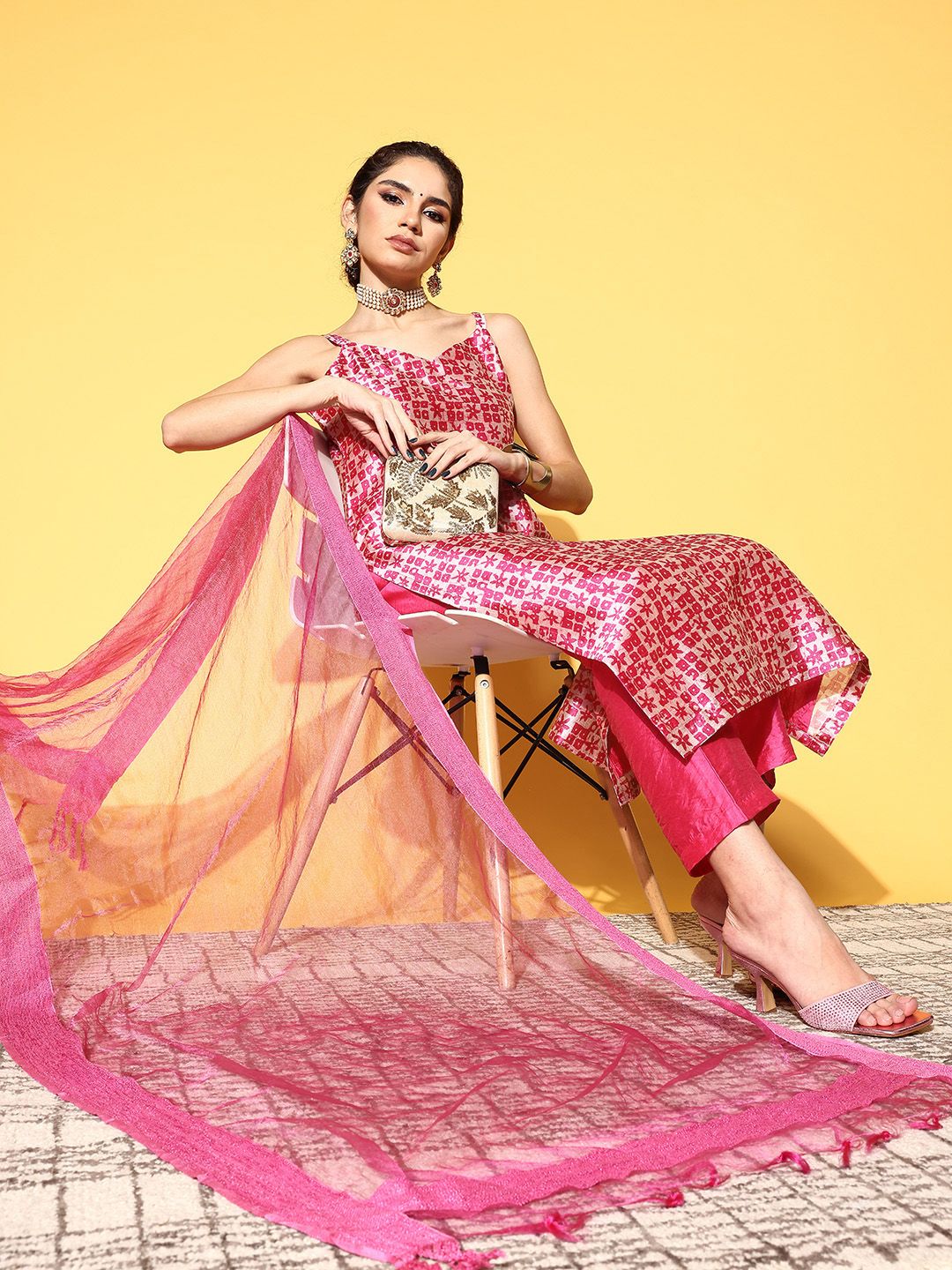 Varanga Women Abstract Tussar Silk Spaghetti Straps Kurta Set