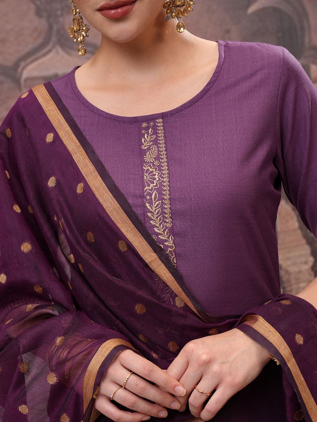 Vishudh Purple Embroidered Round Neck Straight Kurta with Trouser & Dupatta