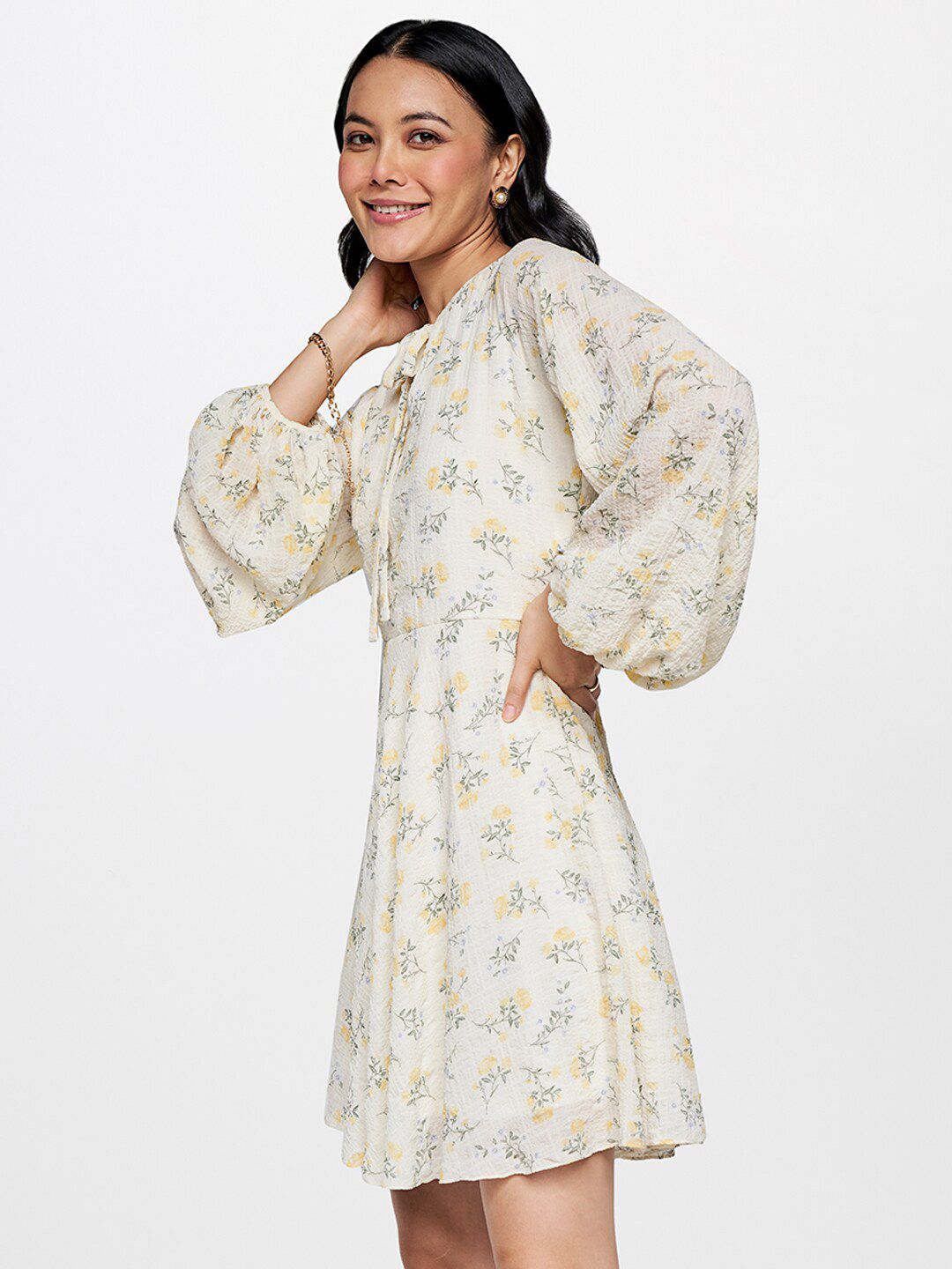 AND Floral Print Tie-Up Neck Puff Sleeve Fit & Flare Dress