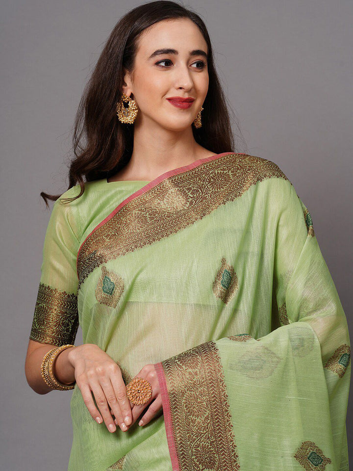 Saree mall Green & Gold-Toned Woven Design Silk Blend Banarasi Sarees