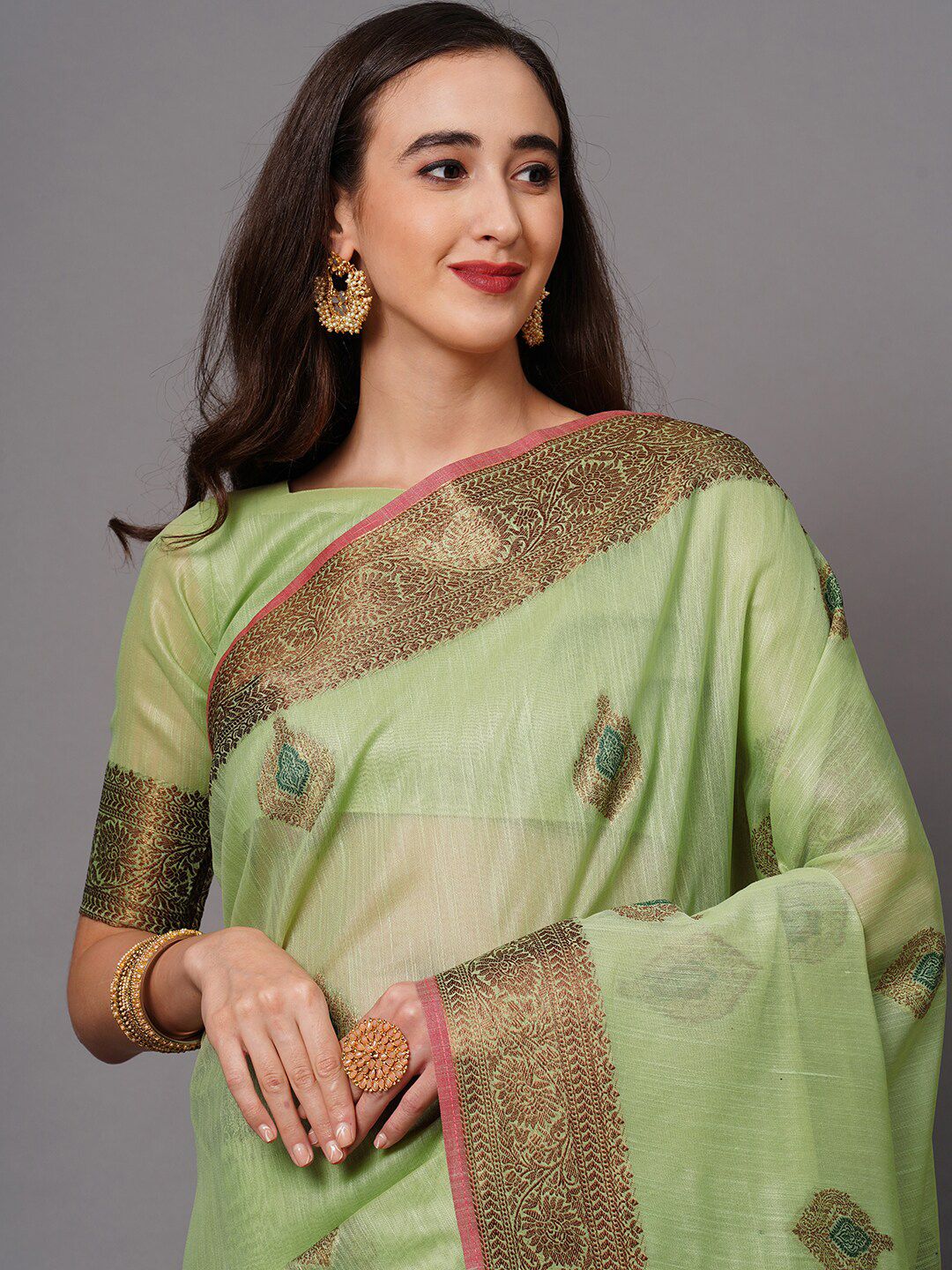 Saree mall Green & Gold-Toned Woven Design Silk Blend Banarasi Sarees