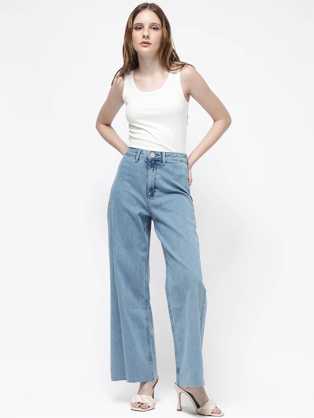 RAREISM Women Comfort Wide Leg High-Rise Clean Look Cotton Jeans