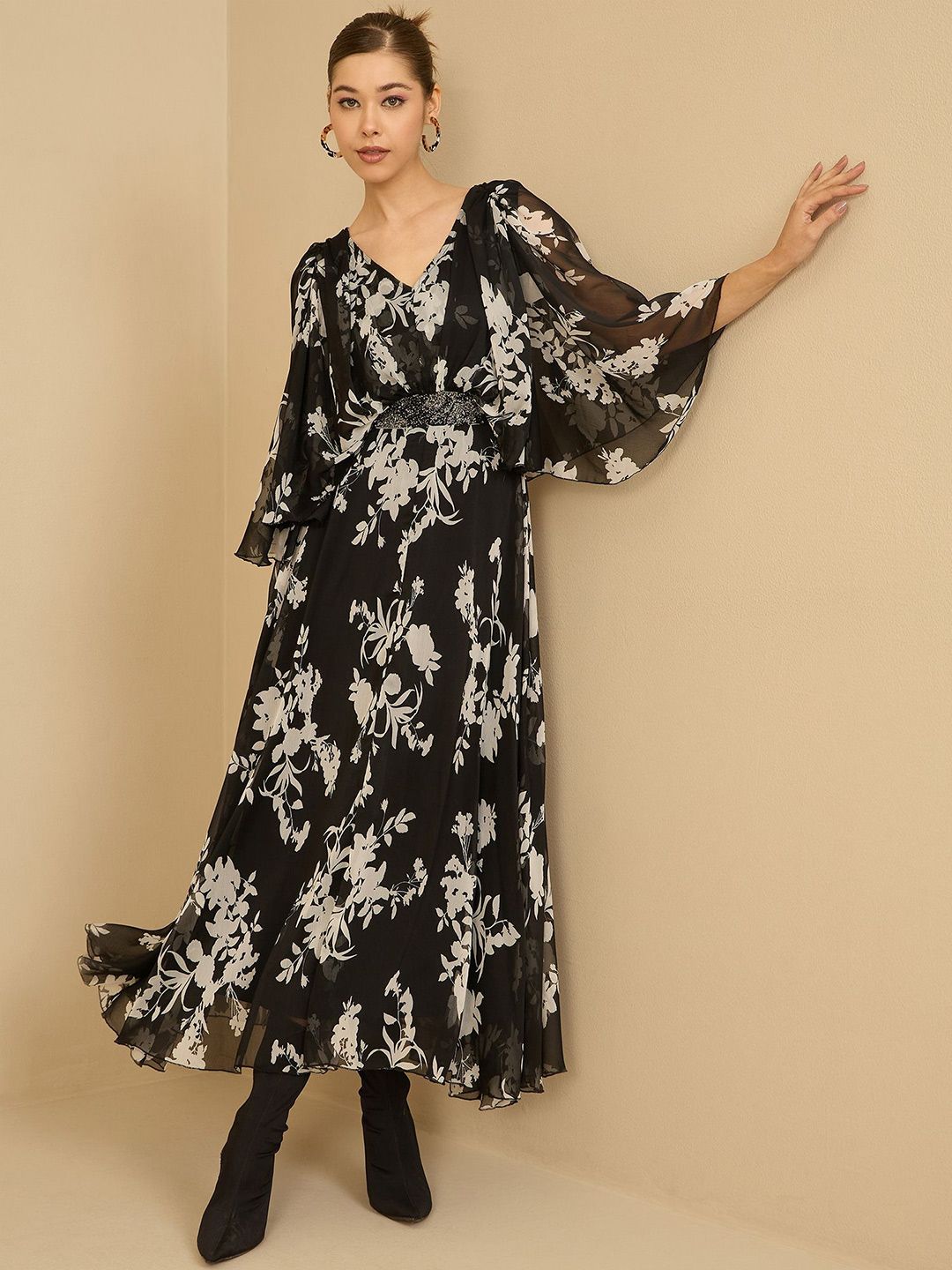 Antheaa Women Floral Printed Embellished Maxi Dress