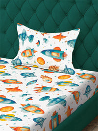 KLOTTHE White & Blue Cartoon Printed Flat 300 TC Single Bedsheet With Pillow Cover