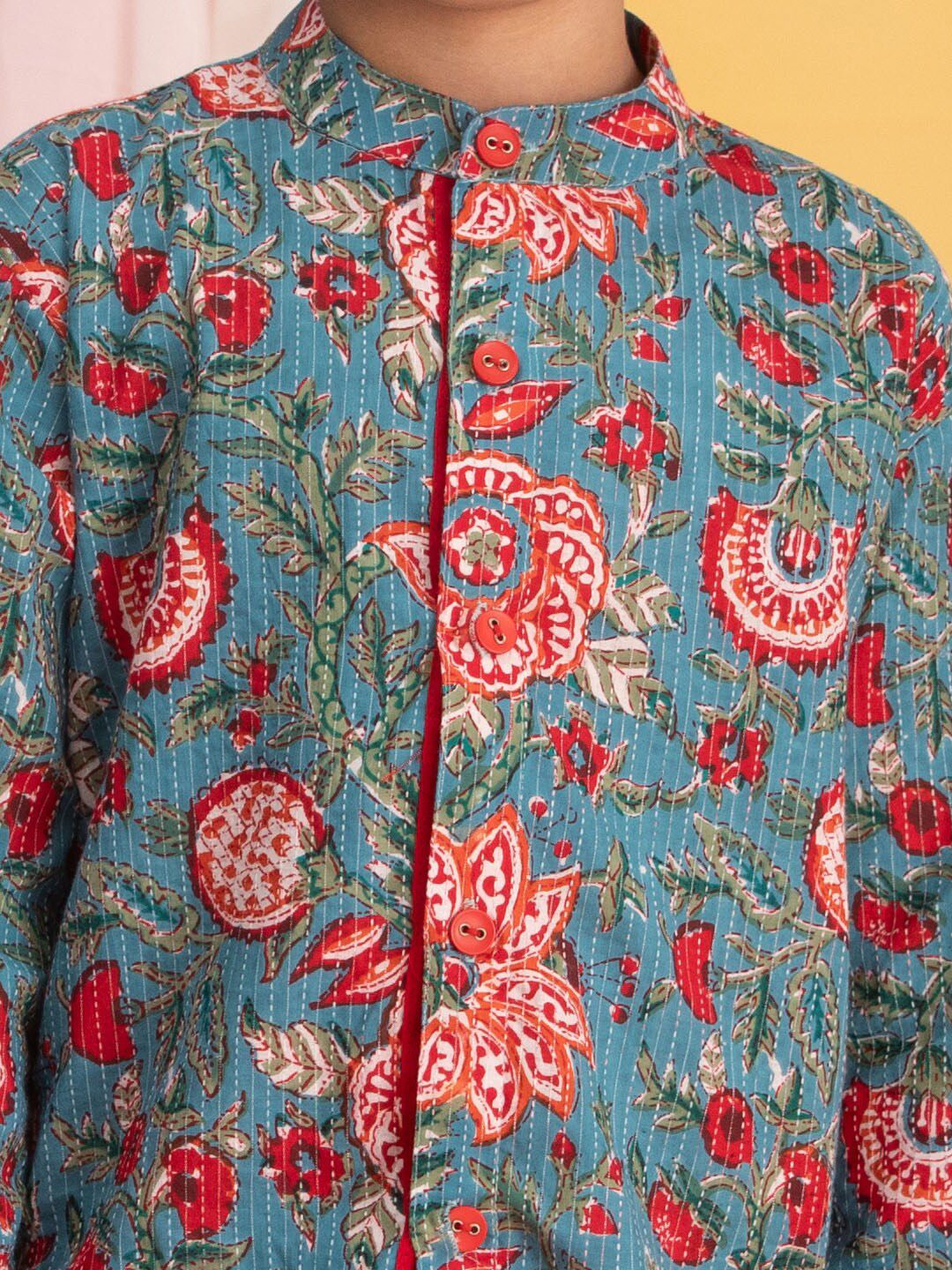 VASTRAMAY Boys Floral Printed Band Collar Regular Pure Cotton Kurta Set
