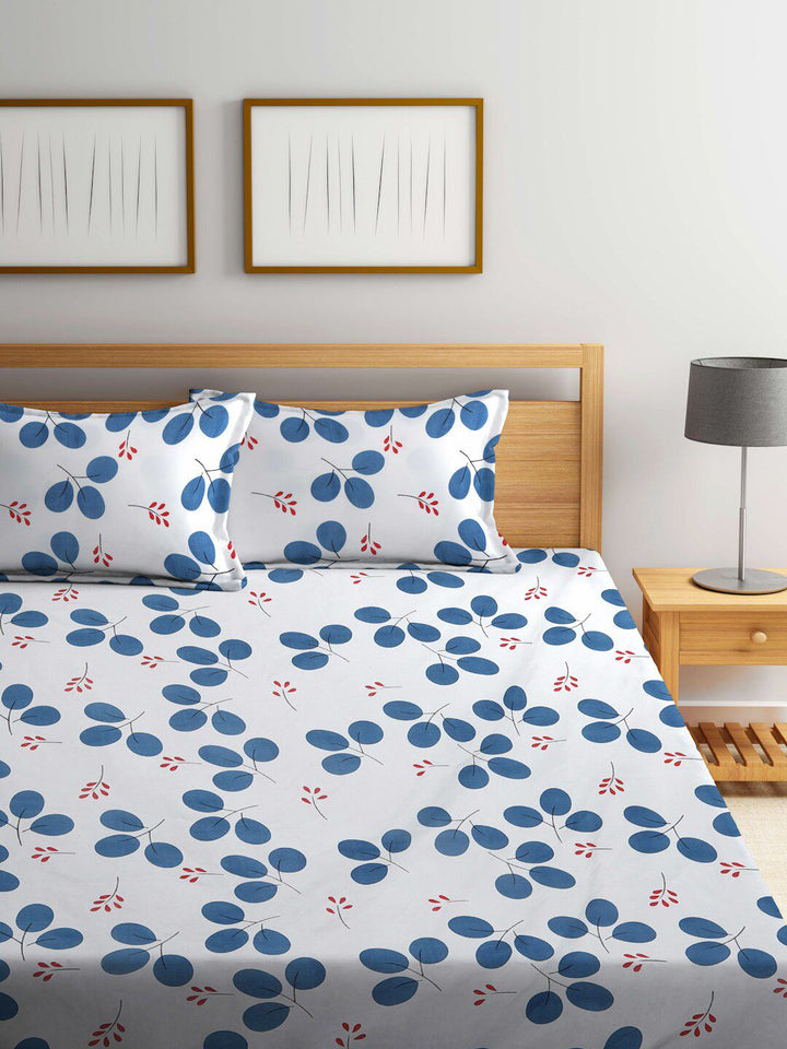 KLOTTHE White Floral Cotton 300 TC Fitted King Fine Bedsheet with 2 Pillow Covers-98 x 89 inches