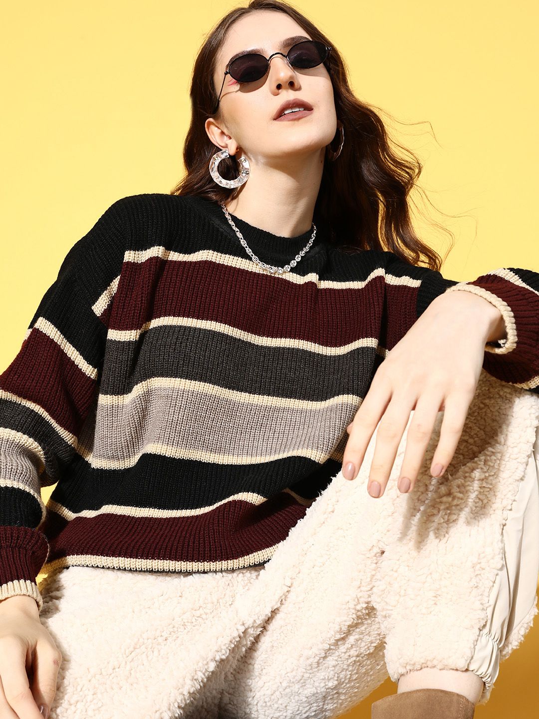 Berrylush Women Black Striped Knits Bits Sweater