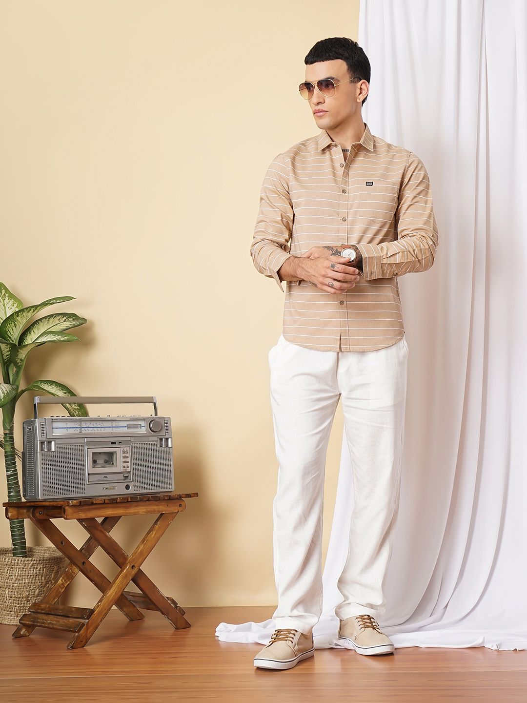 The Indian Garage Co Men Khaki Slim Fit Striped Pure Cotton Casual Shirt
