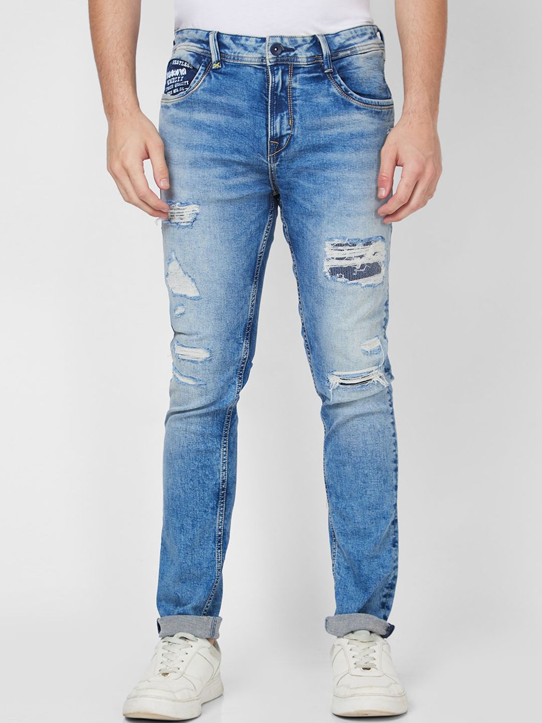 SPYKAR Men Skinny Fit Low-Rise Highly Distressed Heavy Fade Stretchable Cotton Jeans