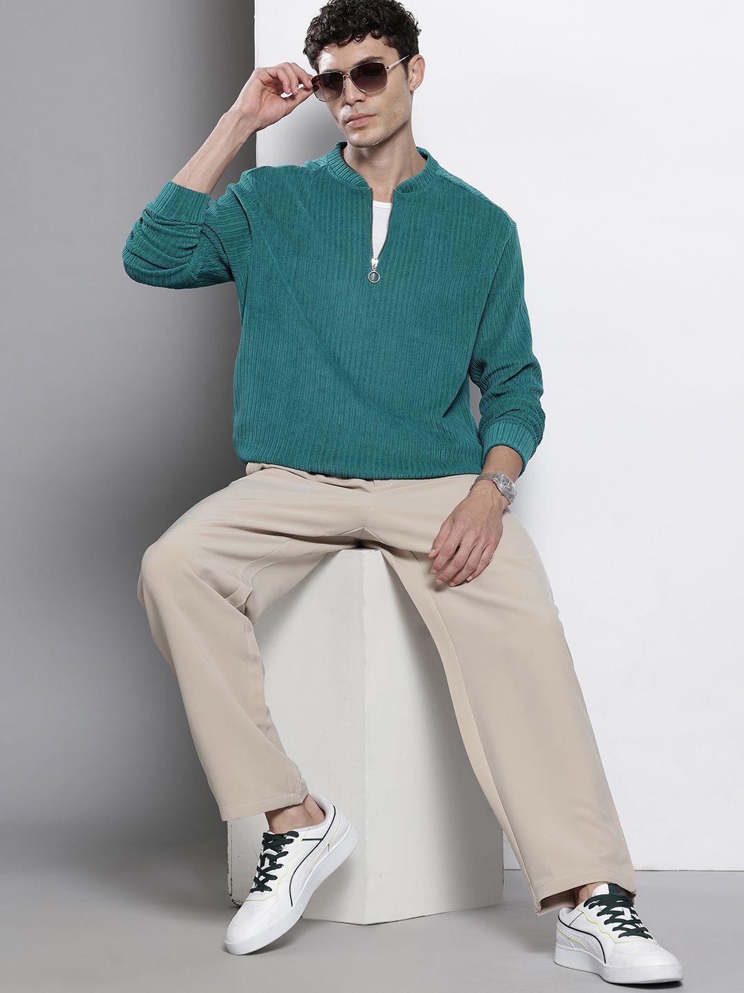 The Indian Garage Co Self-Striped Relaxed Fit Corduroy Sweatshirt