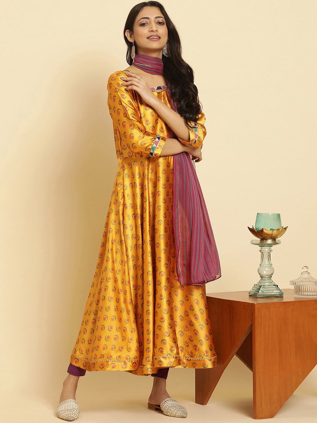 W Yellow Ethnic Motifs Printed Regular Sequinned Kurta With Leggings And Dupatta