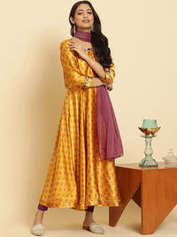 W Yellow Ethnic Motifs Printed Regular Sequinned Kurta With Leggings And Dupatta