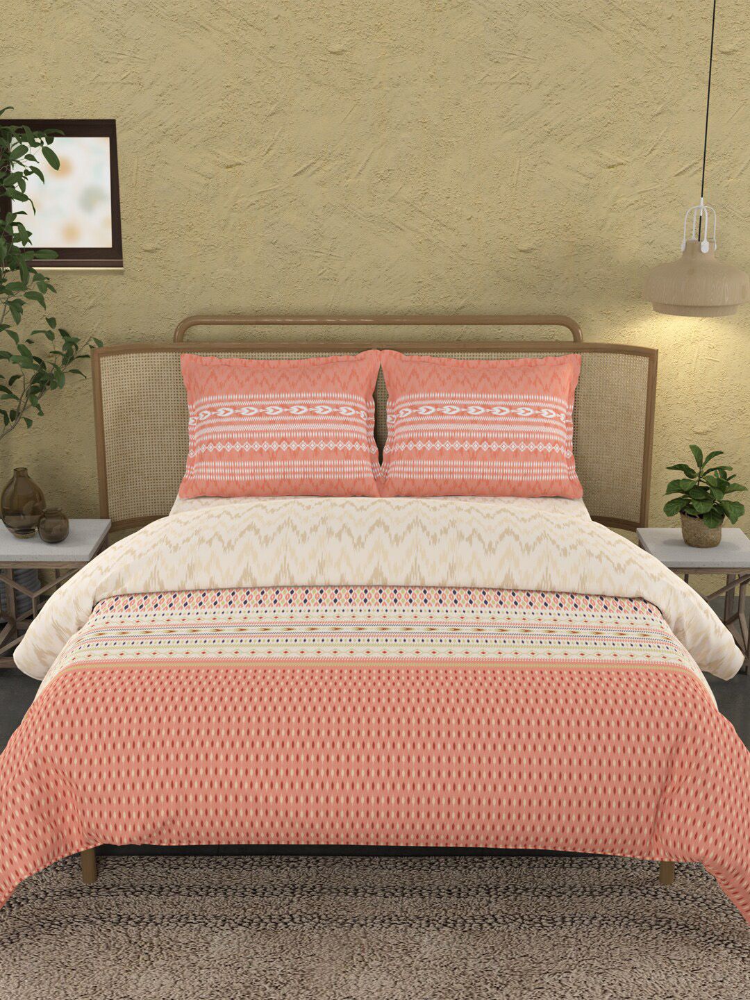 MYTRIDENT Ikkat Peach Sanskriti Flat 144TC King Cotton Bedsheet Set