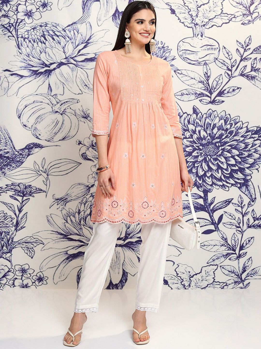 Vishudh Peach Round Neck Floral Embroidered Regular Pure Cotton A-Line Kurta with Trousers