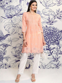 Vishudh Peach Round Neck Floral Embroidered Regular Pure Cotton A-Line Kurta with Trousers
