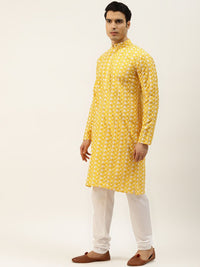 SOJANYA Men Yellow & White Embroidered Thread Work Kurta with Churidar & Nehru Jacket