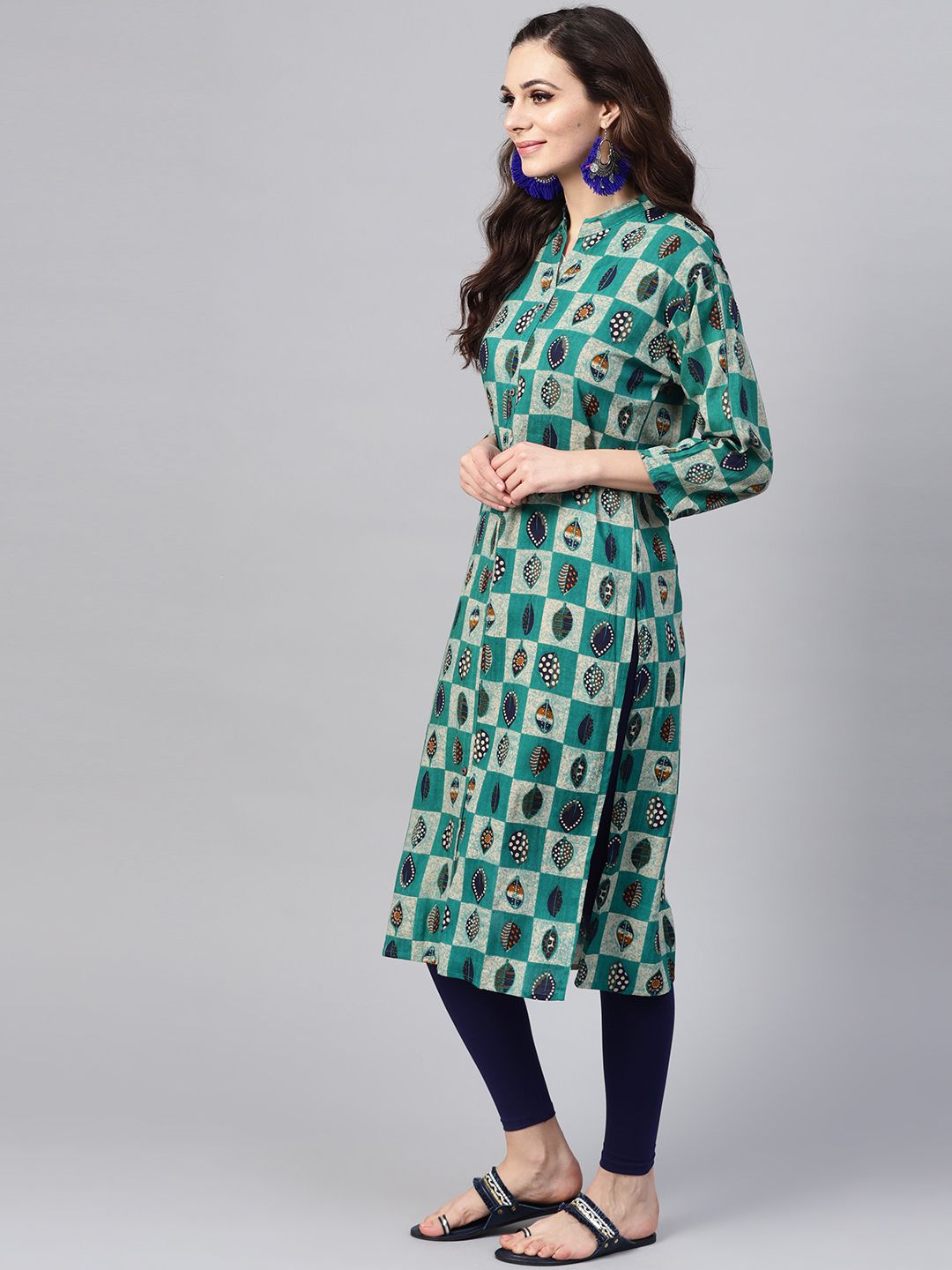 SOJANYA Women Green & Beige Checked Straight Kurta