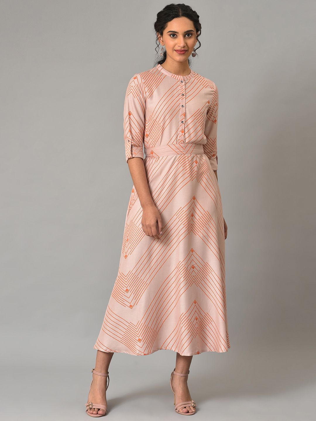 W Pink Mandarin Collar Striped A-Line Midi Fit and Flare Dress