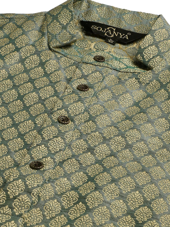 SOJANYA Set Kurta Lelaki Motif Etnik Hijau Dengan Jaket Nehru