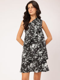 DressBerry Confident Cutie Floral Printed One-Shoulder Monochrome Layered Mini Dress