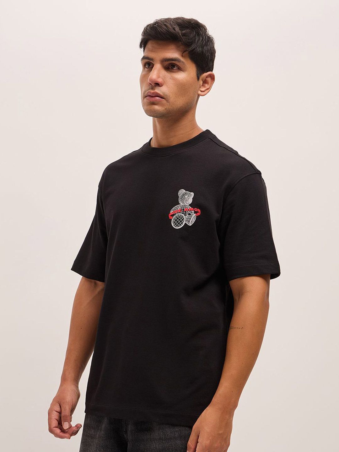 THE BEAR HOUSE Men Typography Printed Round Neck Pure Cotton Oversized T-shirt