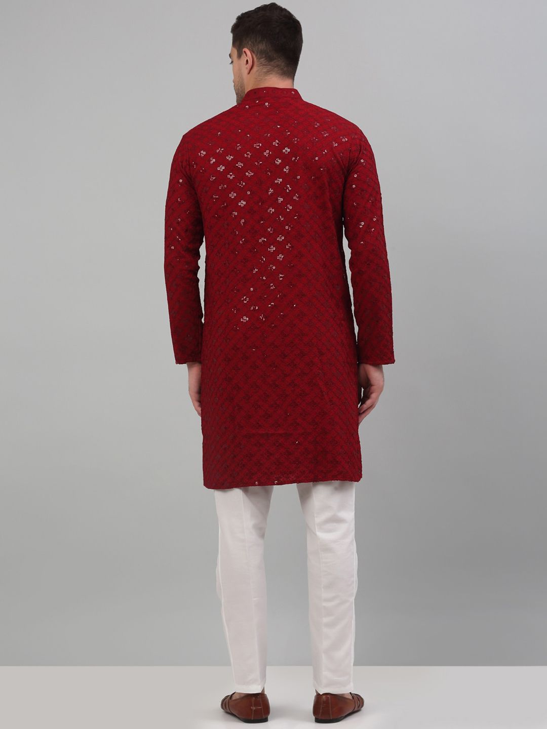 Jompers Mandarin Collar Embroidered Chikankari Straight Kurta With Pyjamas