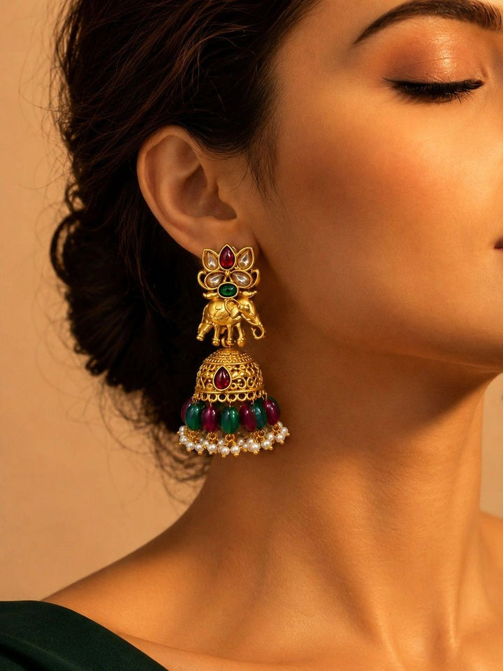 PANASH Gold Plated Artificial Stone Studded & Beaded Dome Shaped Jhumkas