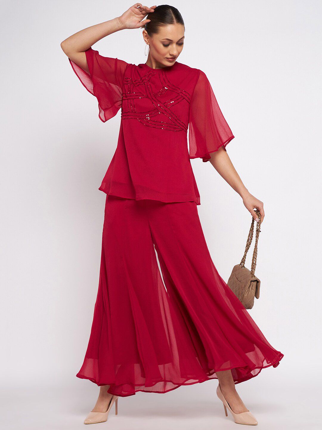 Antheaa Embellished Top & Palazzos Co-Ords Set