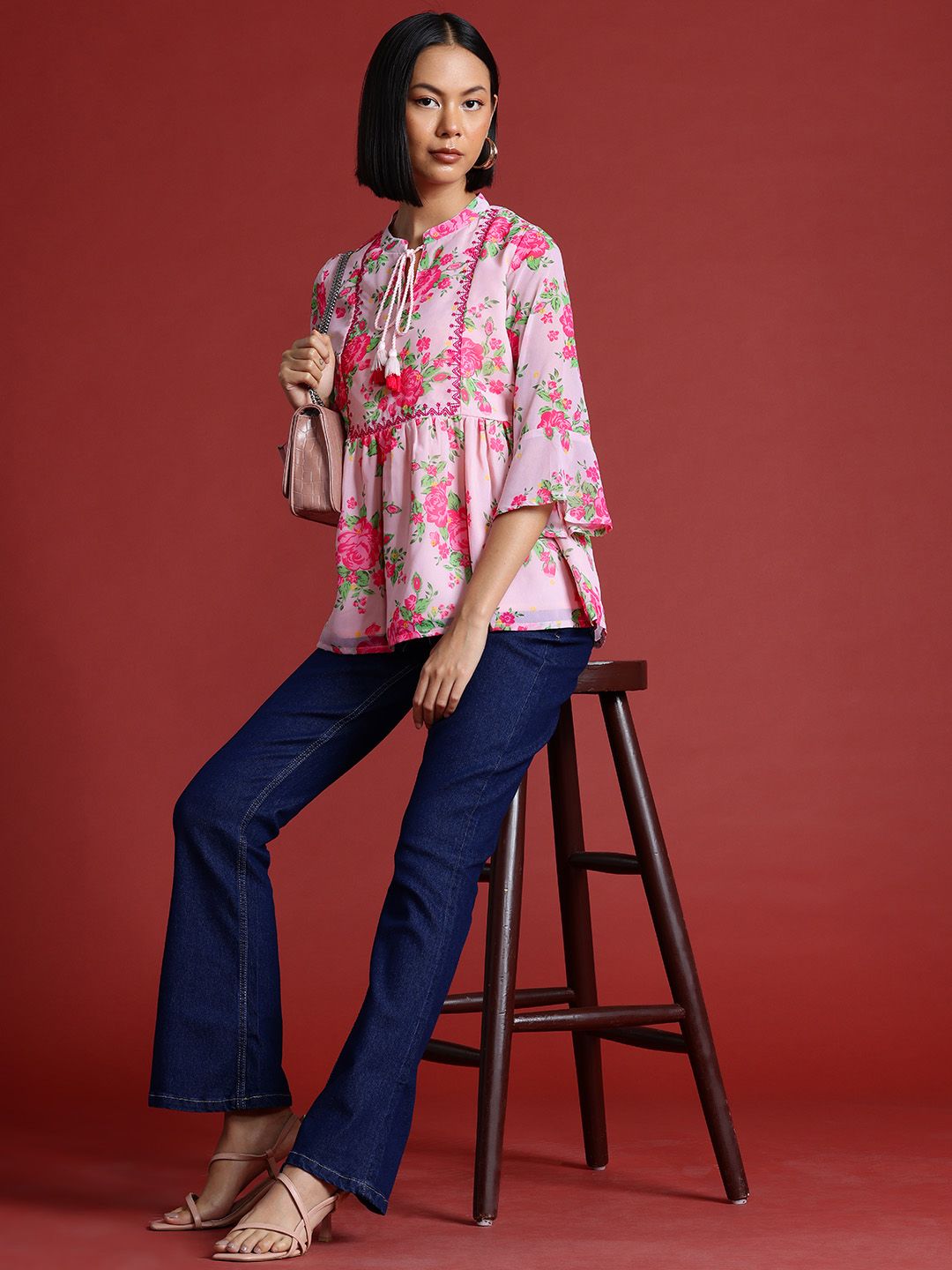 all about you Floral Print Thread Work Pleated Short Kurti