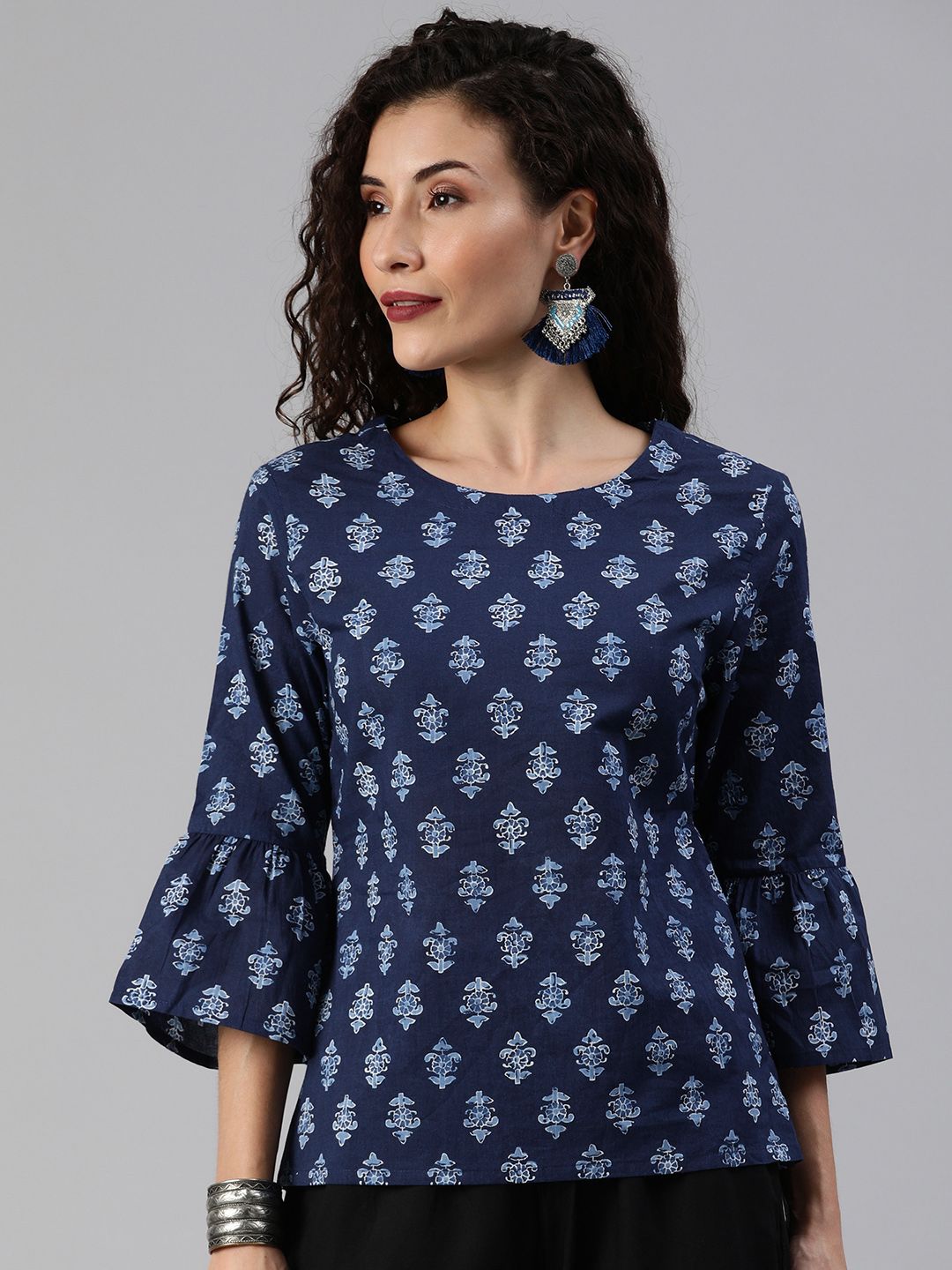 Anouk Navy Blue Ethnic Motifs Bell Sleeved Pure Cotton Top