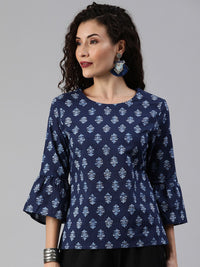 Anouk Navy Blue Ethnic Motifs Bell Sleeved Pure Cotton Top