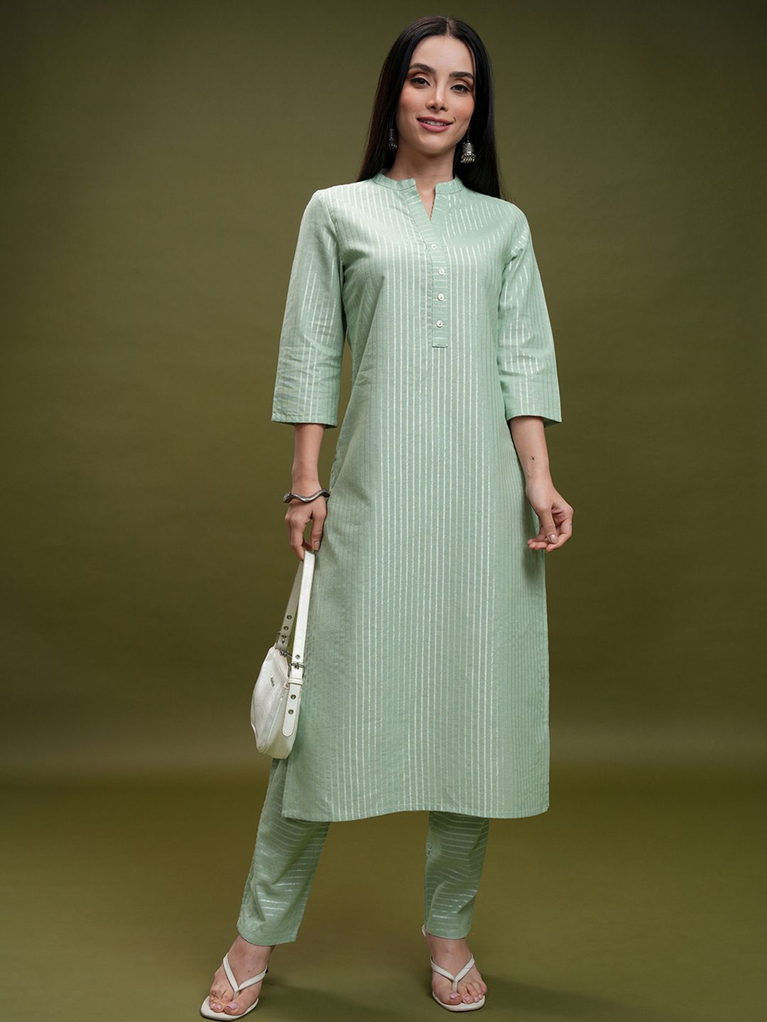 Vishudh Green Striped Mandarin Collar Pure Cotton Straight Kurta With Trousers