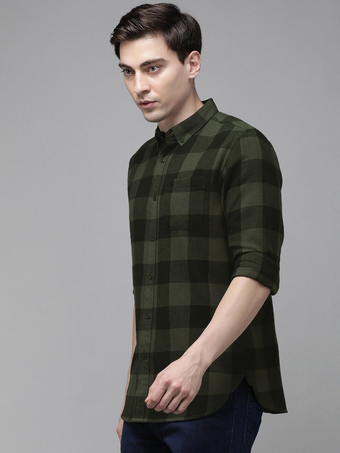 THE BEAR HOUSE Men Olive Green Slim Fit Pure Cotton Checked Casual Shirt