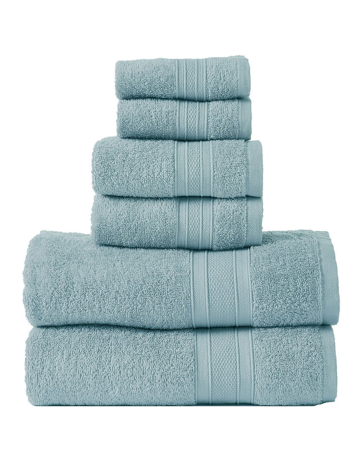 MYTRIDENT Set Of 6 Blue Solid 500 GSM Soft  Plush Pure Cotton Towel Set