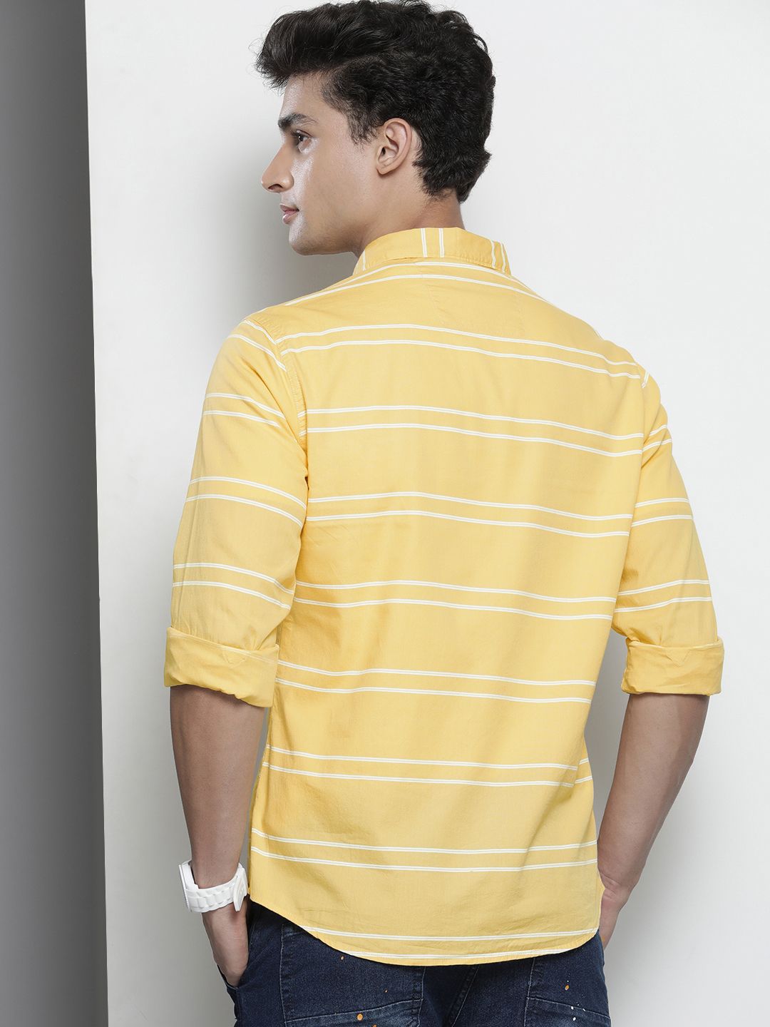 The Indian Garage Co Men Yellow & White Horizontal Striped Pure Cotton Casual Shirt