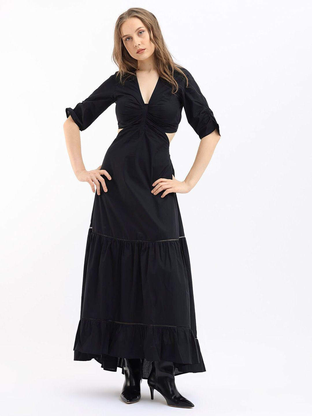 RAREISM V Neck Cut Out Tiered Maxi Dress