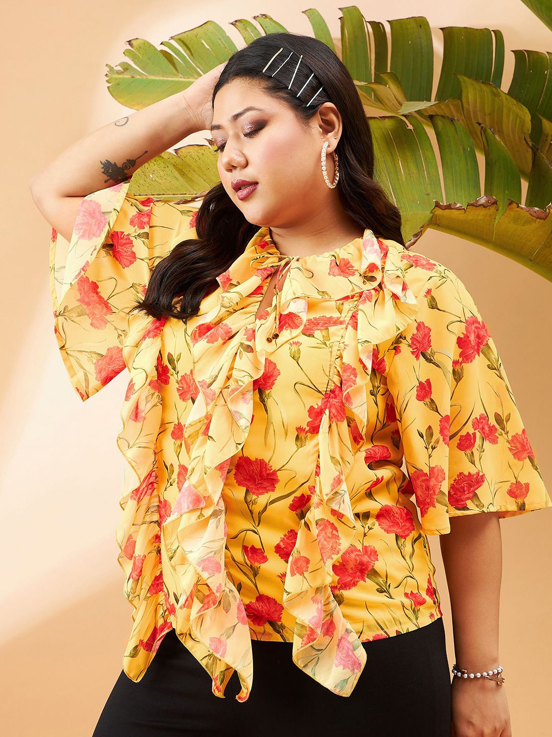 SASSAFRAS Curve Floral Printed Tie-Up Neck Ruffles Top