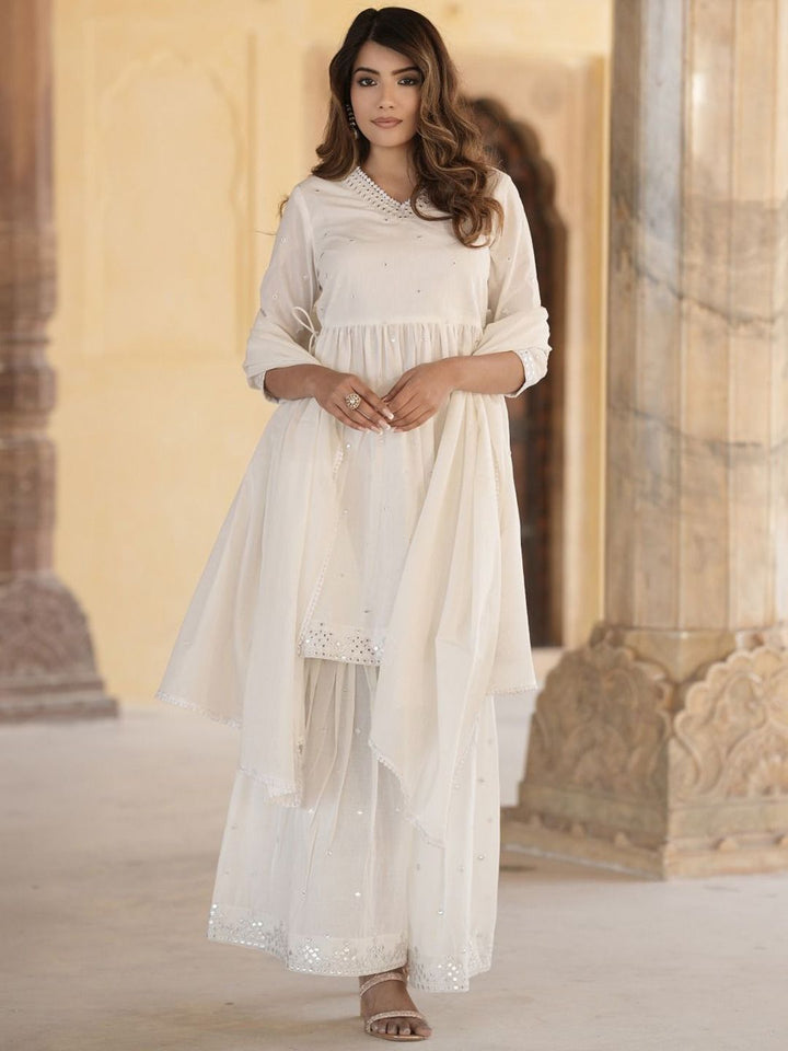 KALINI Geometric Embroidered Mirror Work Pure Cotton A-Line Kurta With Sharara & Dupatta