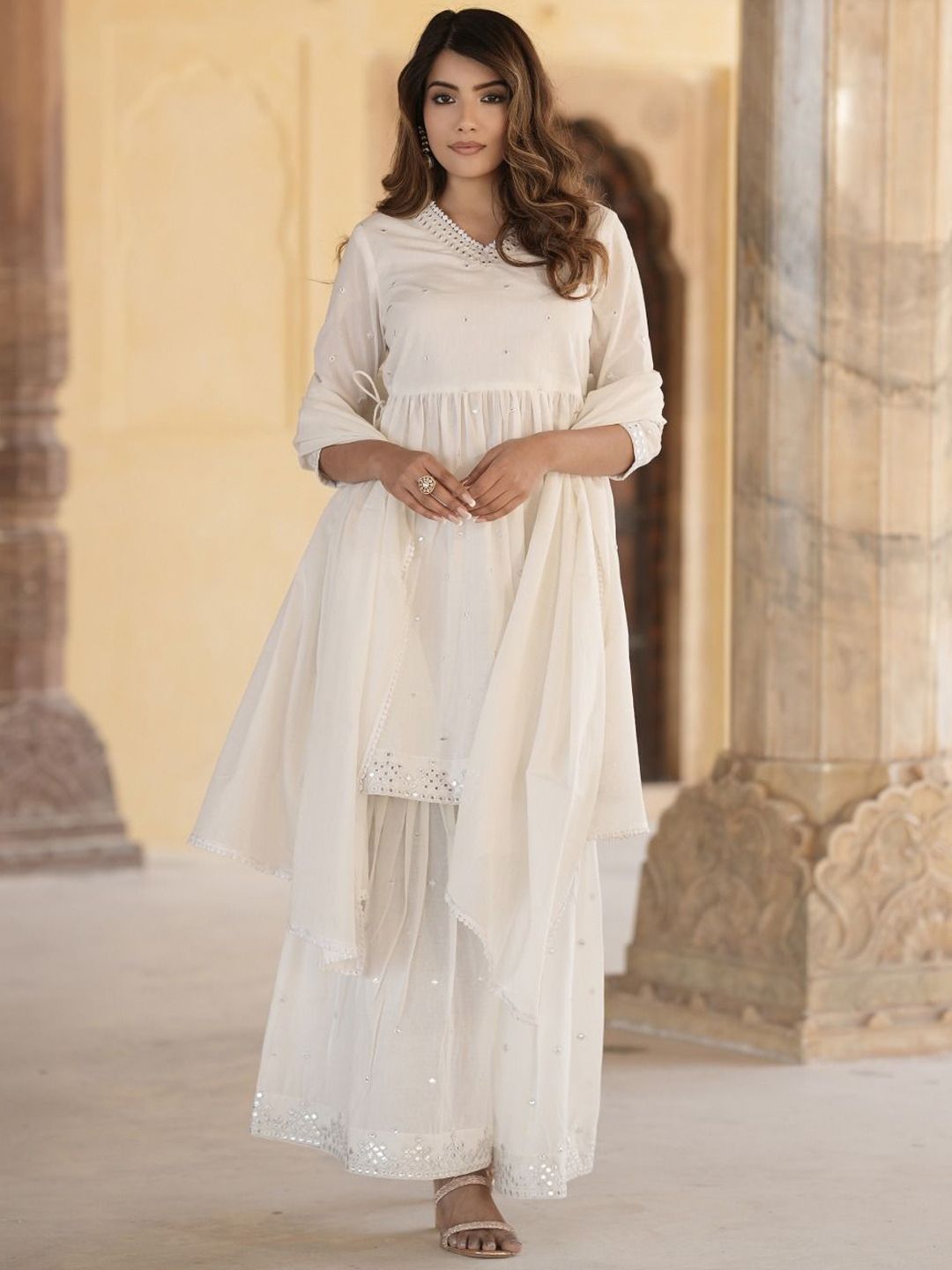 KALINI Geometric Embroidered Mirror Work Pure Cotton A-Line Kurta With Sharara & Dupatta