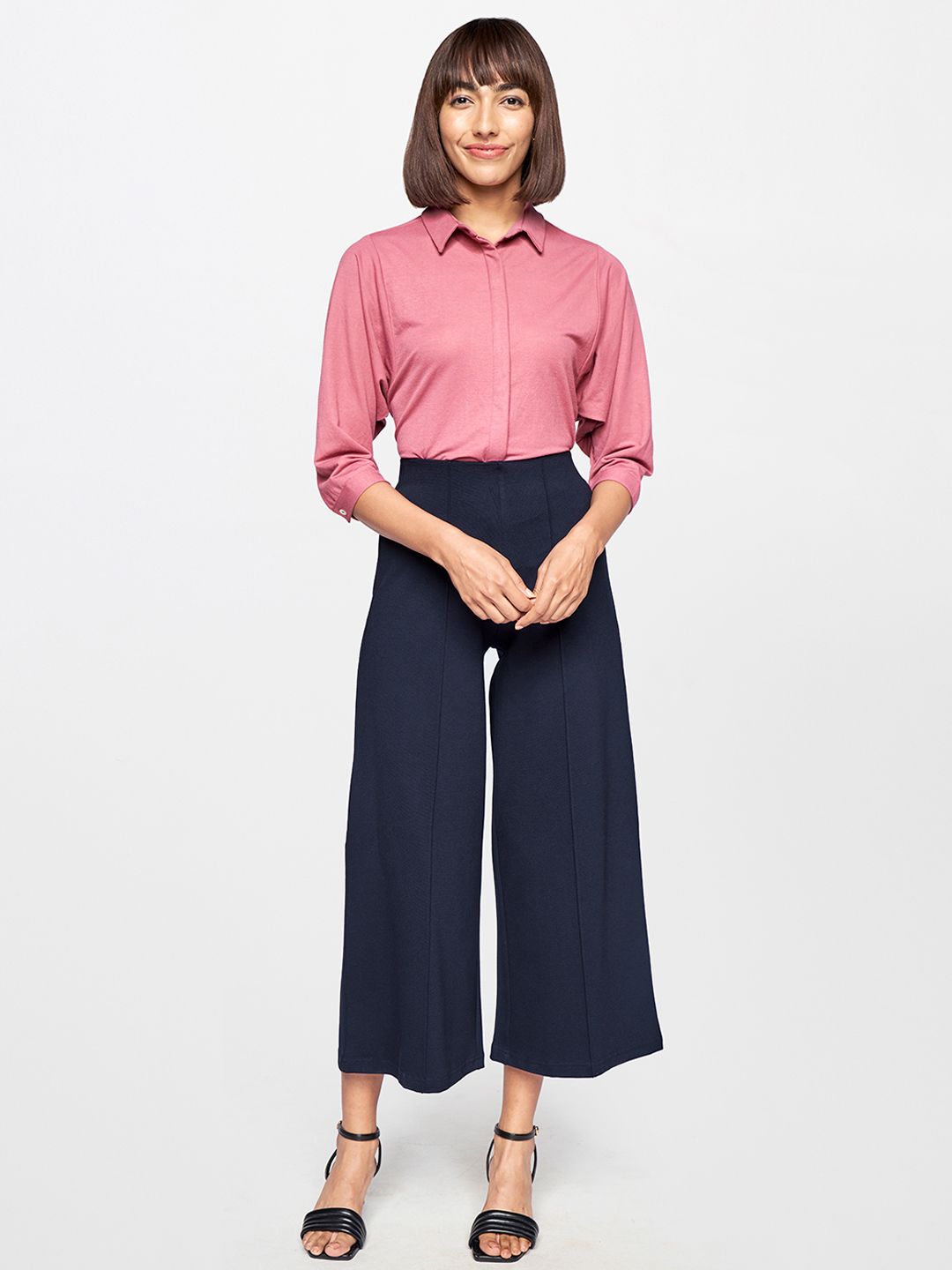 AND Women Navy Blue Solid High-Rise Culottes