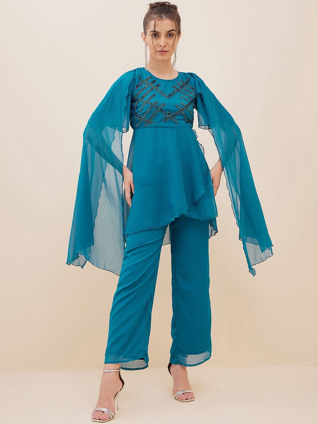 Antheaa Embellished Flared Sleeves Beads & Stones Empire Kurti With Trousers
