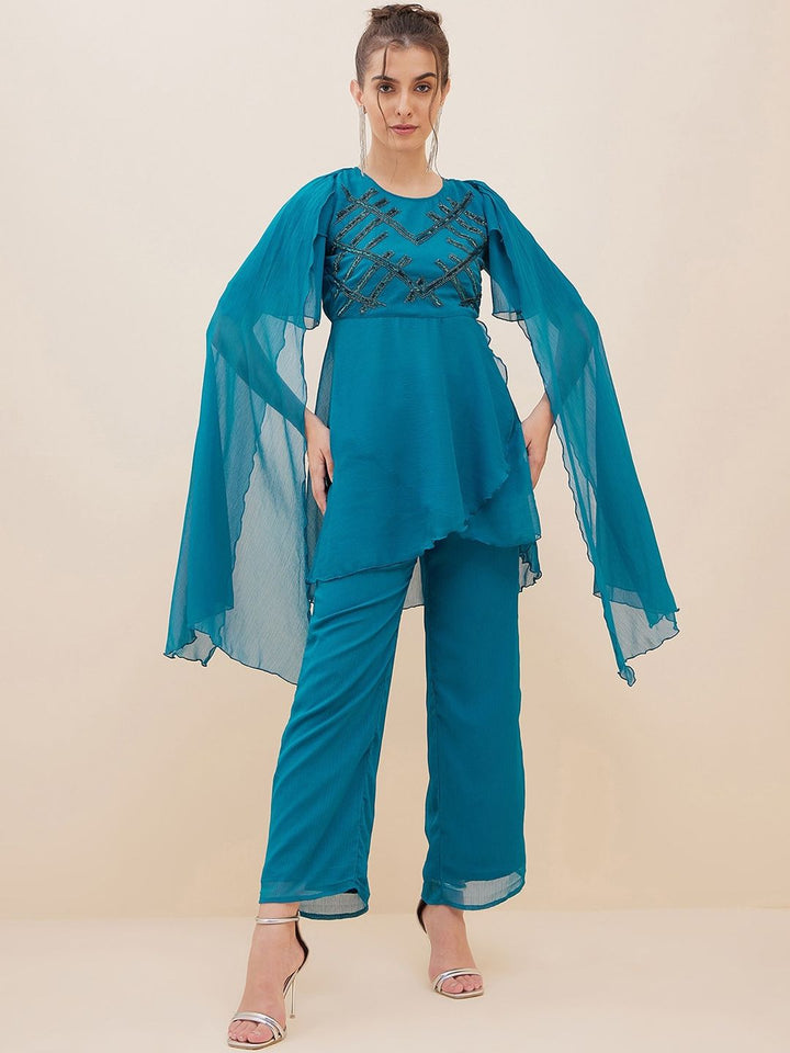 Antheaa Embellished Flared Sleeves Beads & Stones Empire Kurti With Trousers