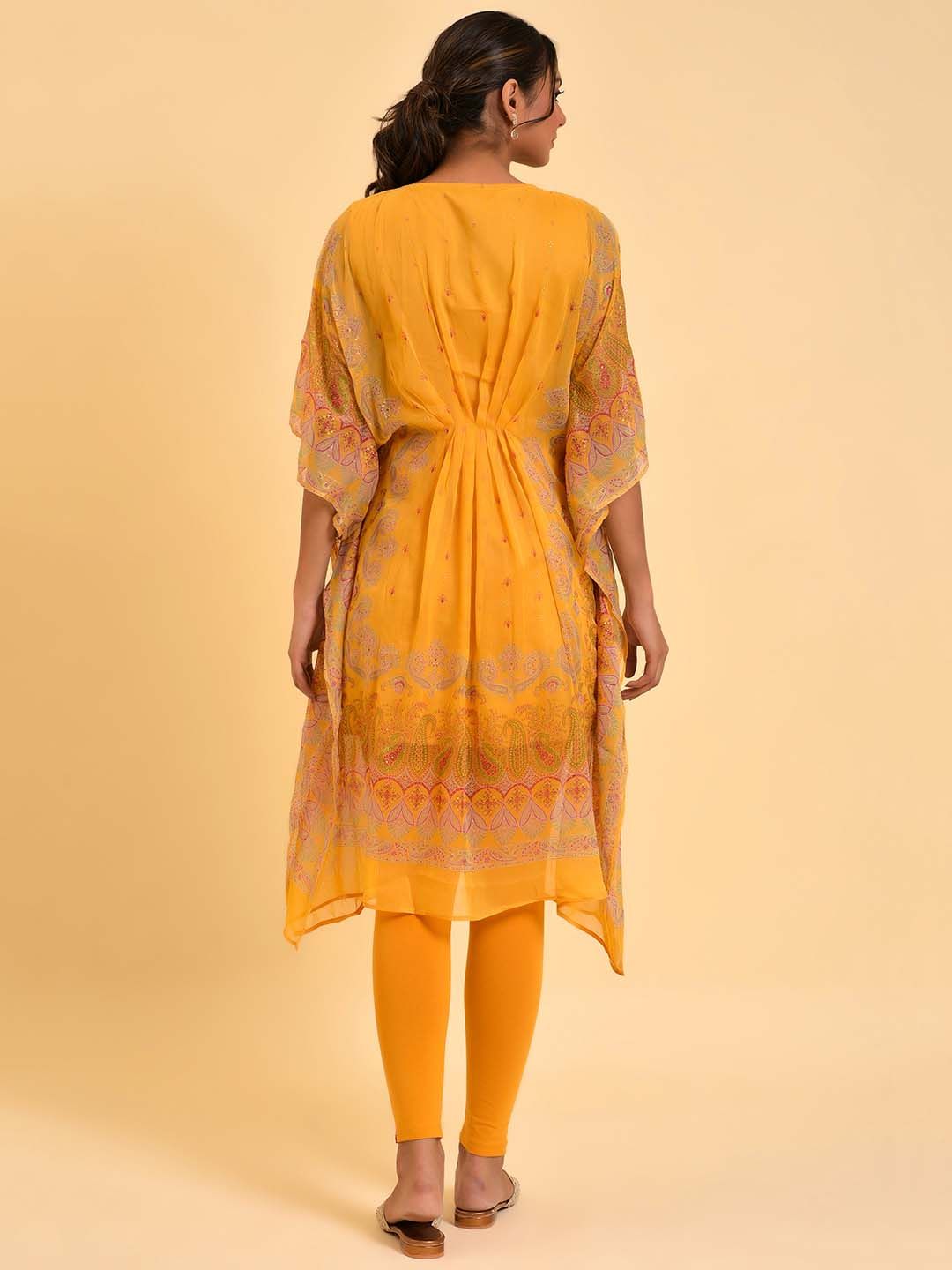 W Women Yellow Ethnic Motifs Printed Embellished Kaftan Kurta With Leggings