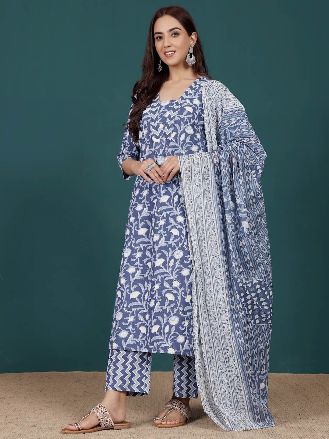 Varanga Floral Printed V-Neck Pure Cotton Straight Kurta With Trousers & Dupatta