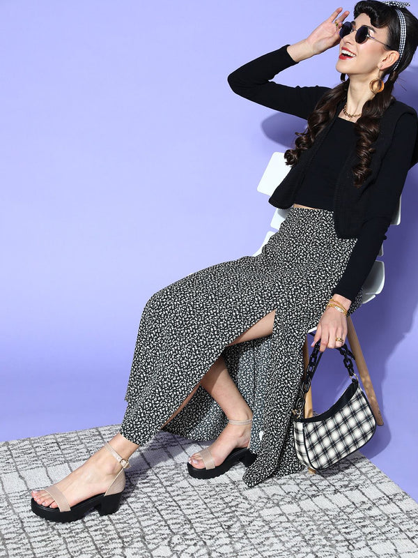 Berrylush Women Black & White Floral High-Slit Maxi Skirt