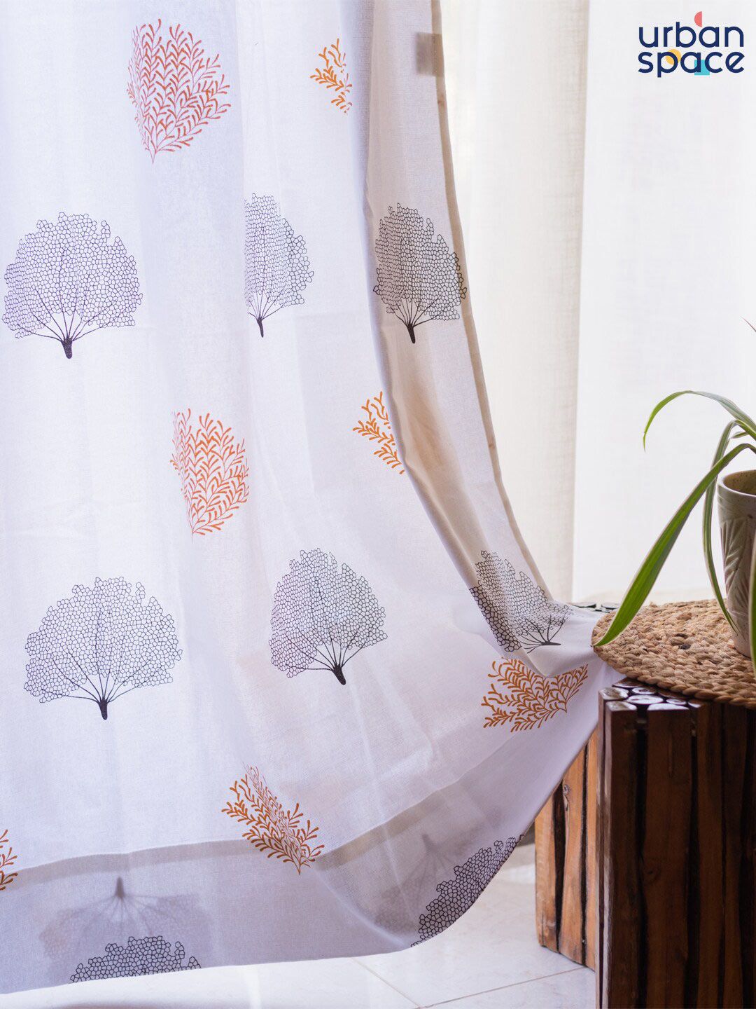 URBAN SPACE White & Brown 2 Pieces Quirky Printed Cotton Long Door Curtains