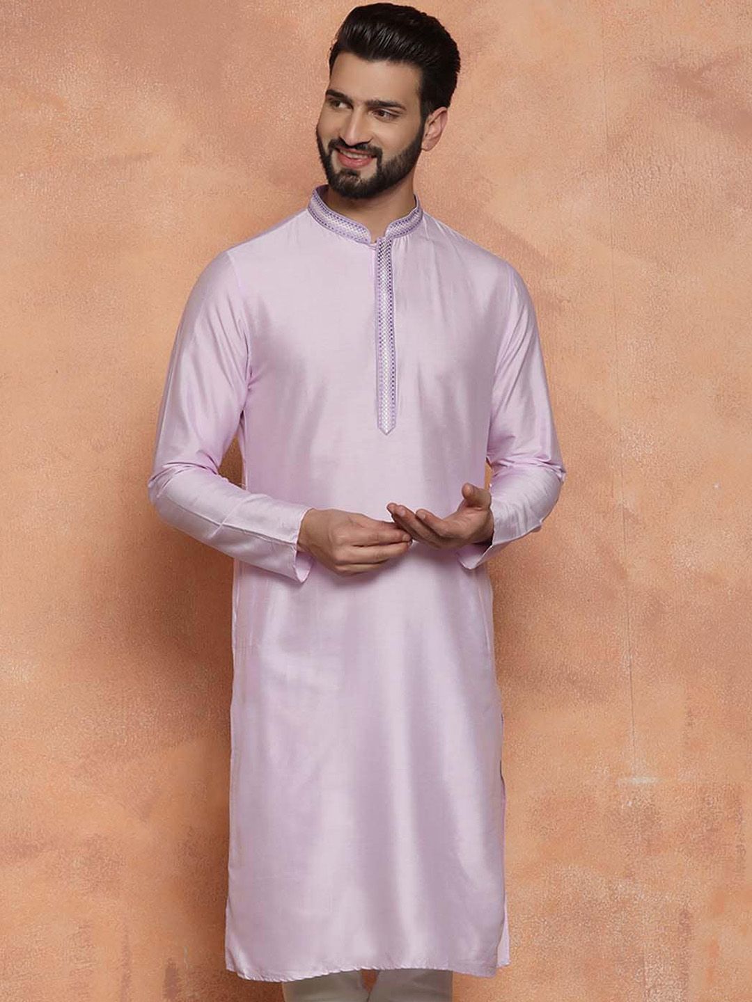 KISAH Men Solid Regular Fit Thread Work Kurta
