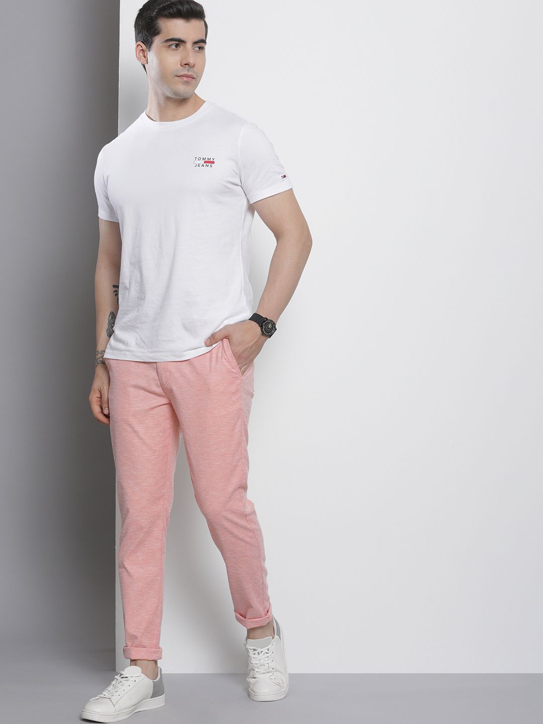 The Indian Garage Co Men Pink Melange Effect Slim Fit Trousers