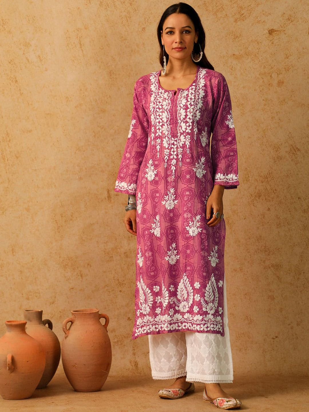 Rumah Wanita Chikankari Pink Mulmul Chikankari Sulam Kurta