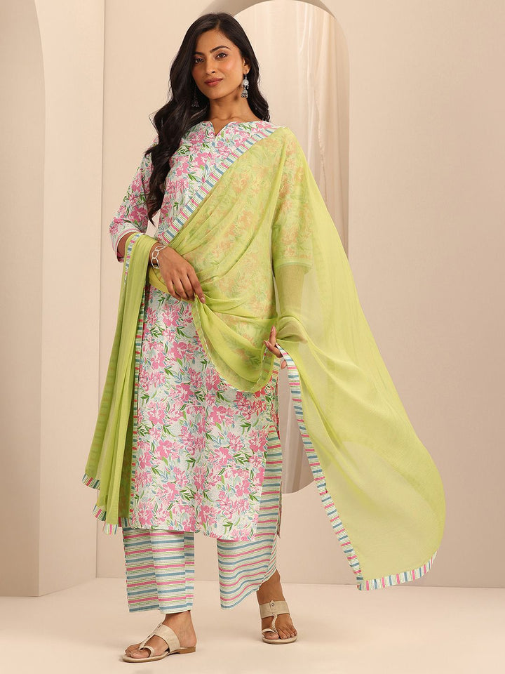 Libas Off white Floral Printed Pure Cotton Straight Kurta With Palazzos & Dupatta
